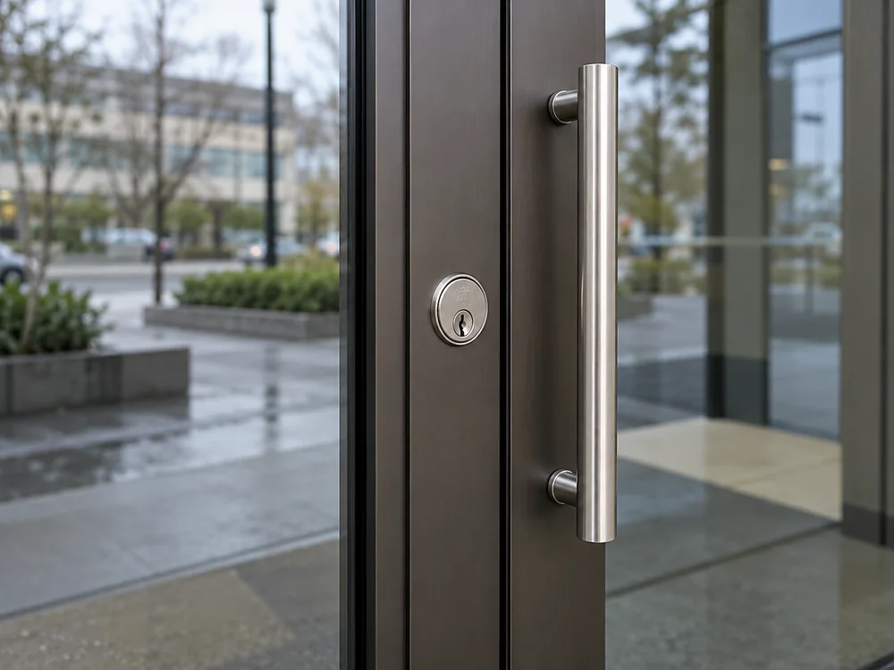 Lock cylinder and pull handle on an aluminum storefront door.