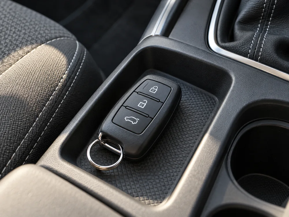 Unbranded car key fob resting in a vehicle center console.