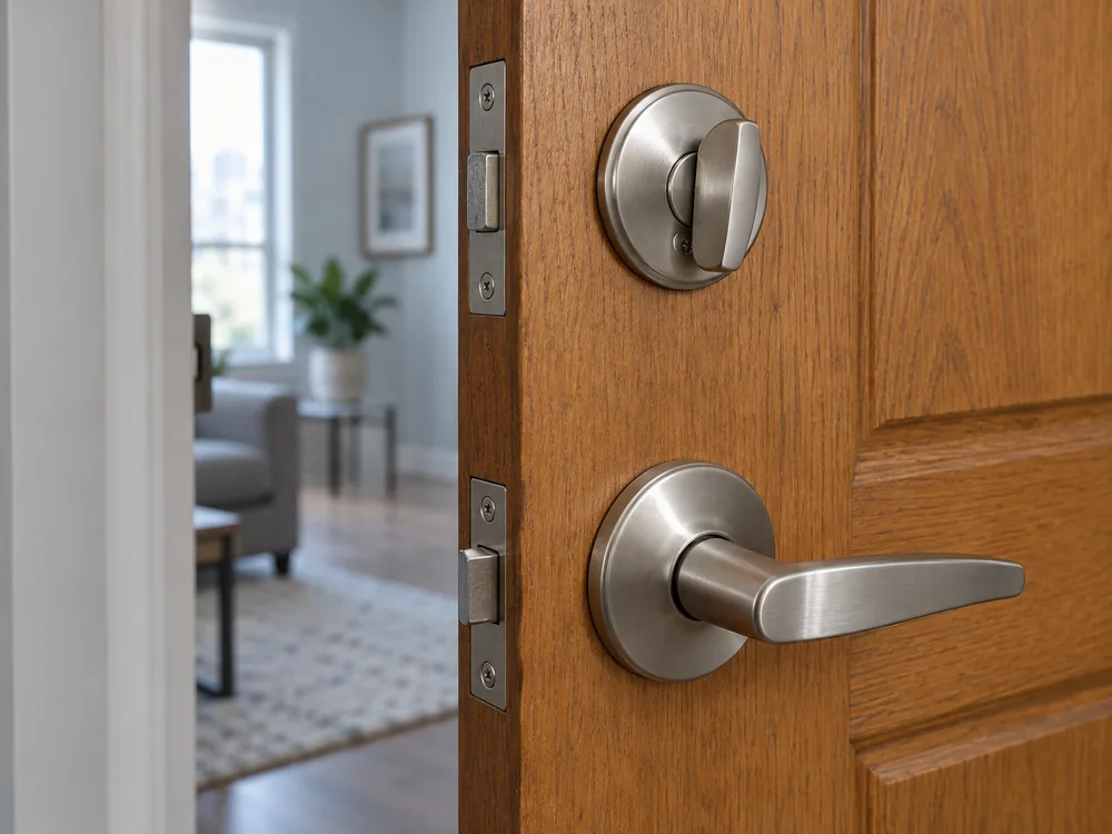 Interior deadbolt and lever on a wood entrance door.