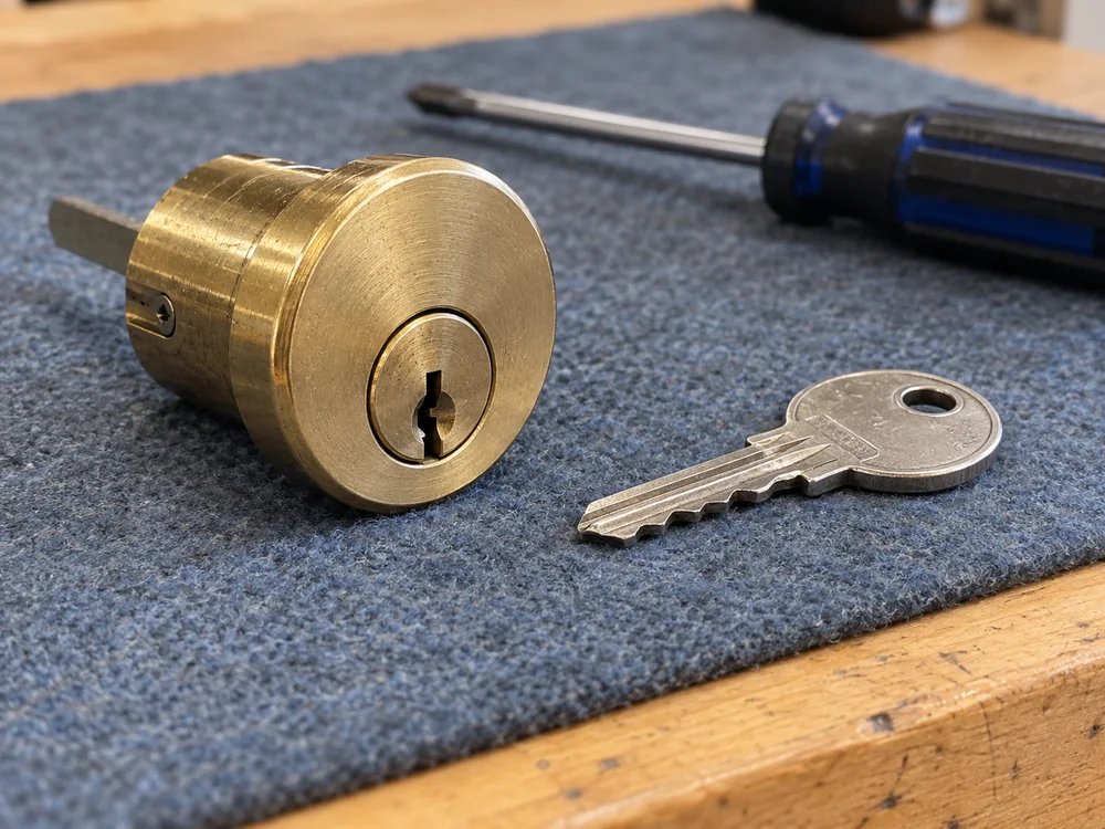 Door lock cylinder and ordinary house key on a locksmith workbench.